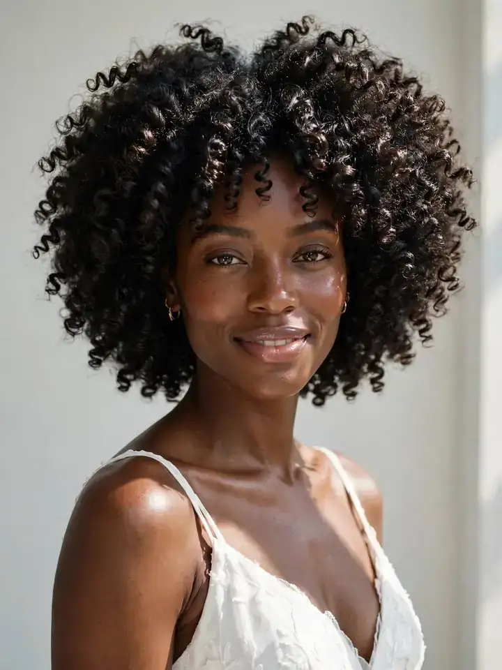 4c wedding hairstyles: defined wash-and-go afro with glossy spiralled 4c curls