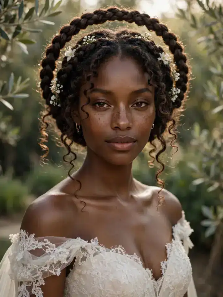 4c wedding hairstyles: romantic halo braid with soft coily tendrils and white blossoms
