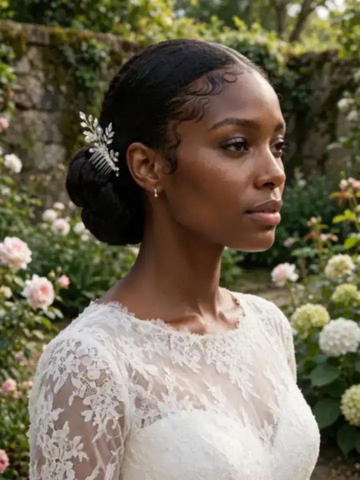 4c wedding hairstyles: sleek low chignon bun on natural 4c hair with crystal comb