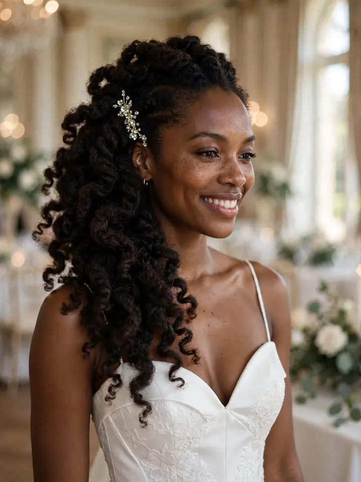 4c wedding hairstyles: side-swept twist-out with crystal pin cascading over one shoulder