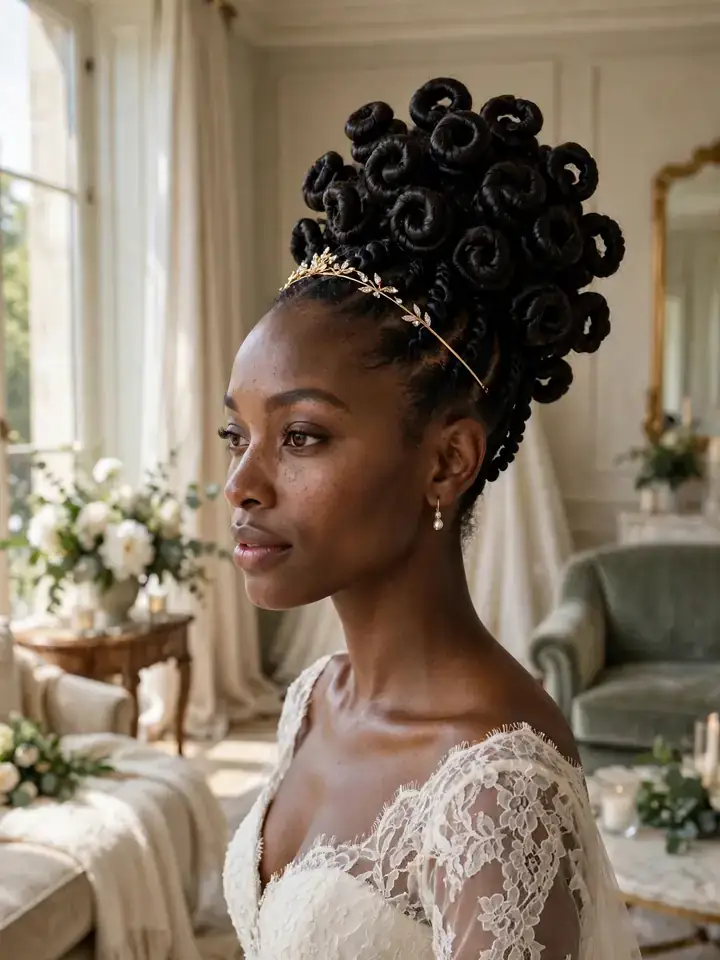 4c wedding hairstyles: sculpted finger-coil updo with gold tiara on defined 4c coils