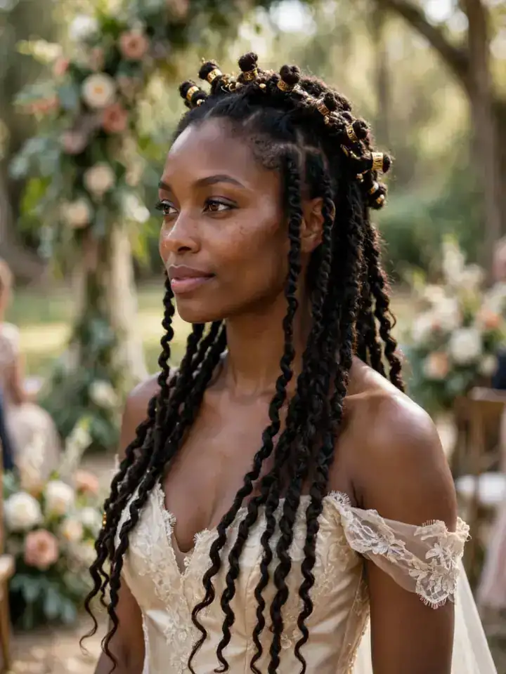 4c wedding hairstyles: beaded two-strand twists with gold cuffs half pinned into a crown