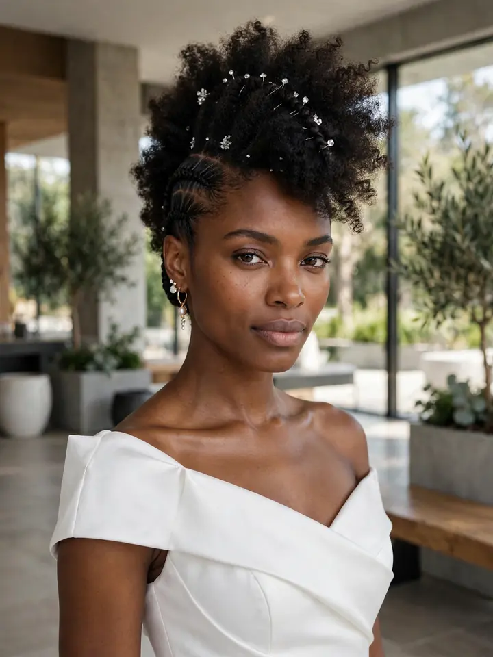 4c wedding hairstyles: pinned frohawk with sleek sides and crystal pins on 4c hair