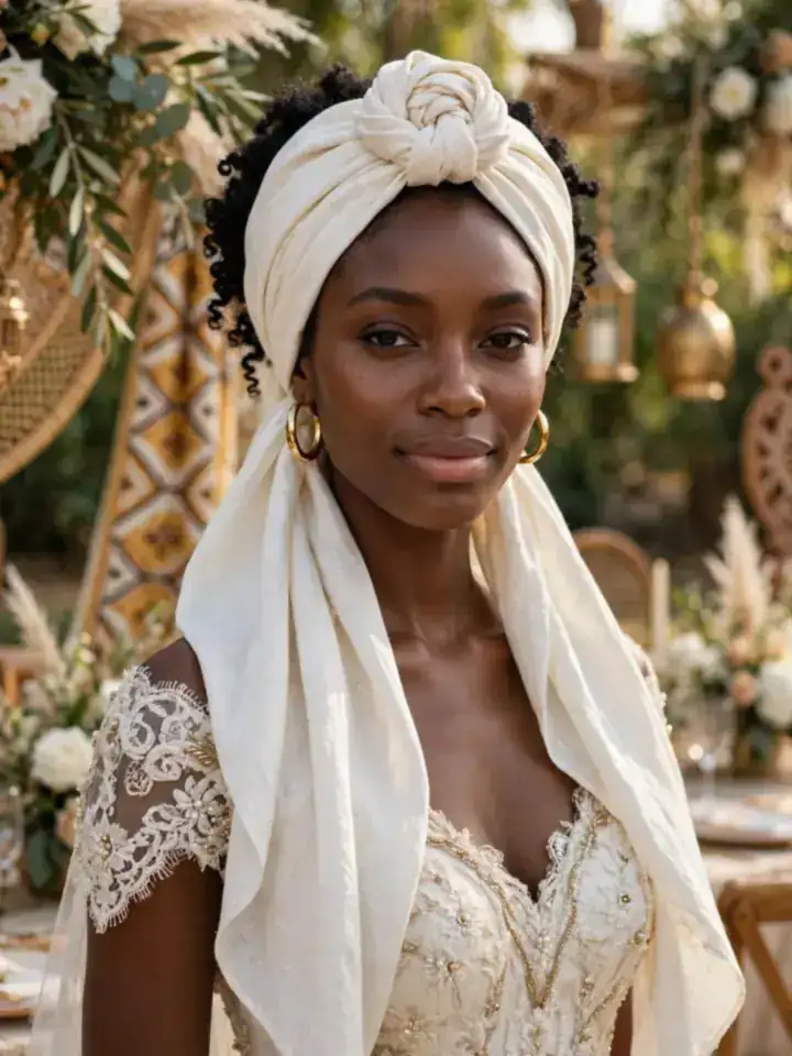 4c wedding hairstyles: elegant ivory bridal headwrap with front knot on natural 4c hair