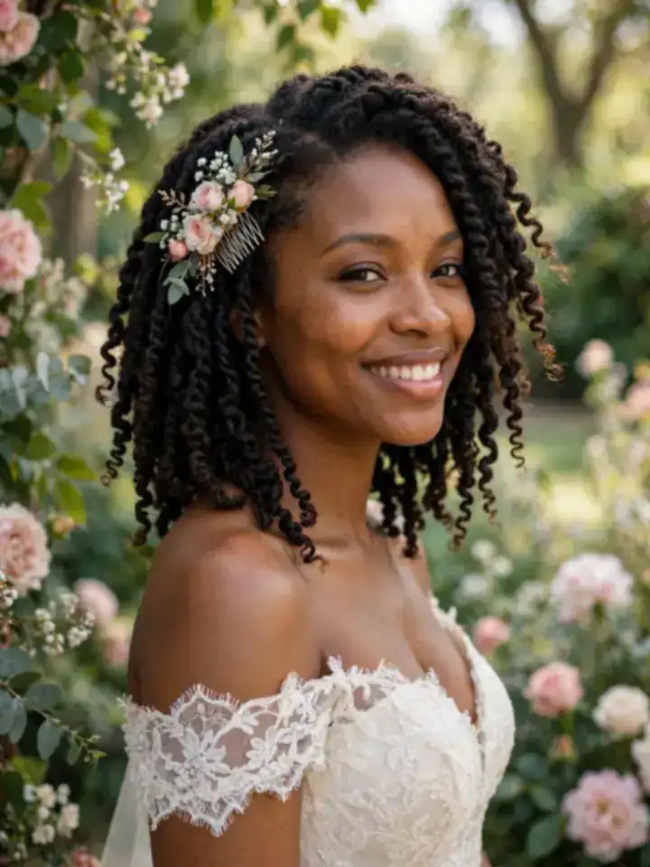 4c wedding hairstyles: shoulder-length twist-out with floral bridal comb on 4c curls