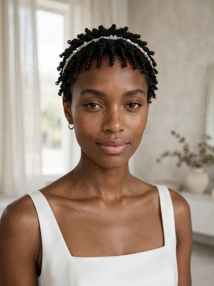 4c wedding hairstyles: elegant teeny weeny afro with defined finger coils and crystal headband