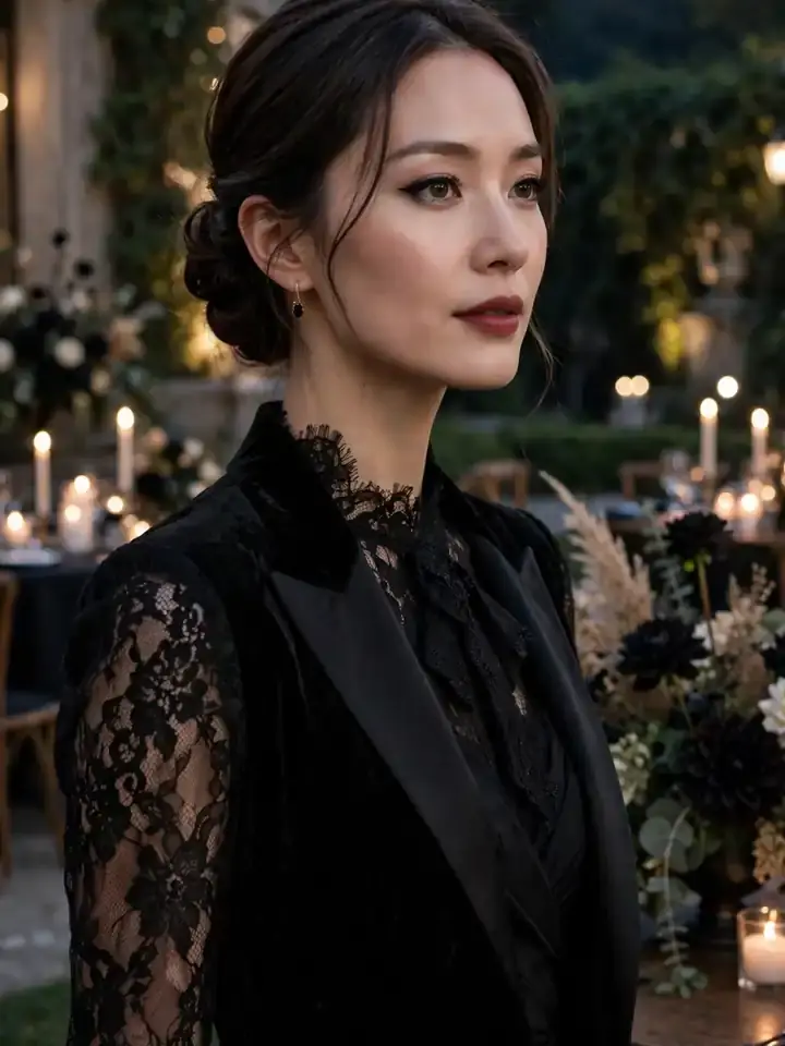 All black wedding guest attire — monochrome black dress with elegant accessories