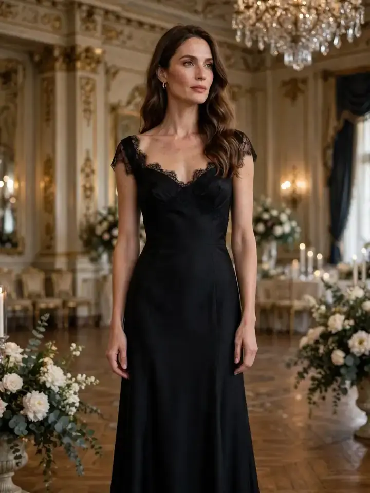 Black tie wedding guest attire — elegant black evening gown