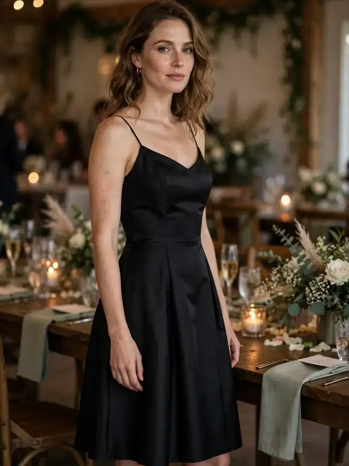 Black cocktail dress outfit — knee-length black dress for semi-formal weddings
