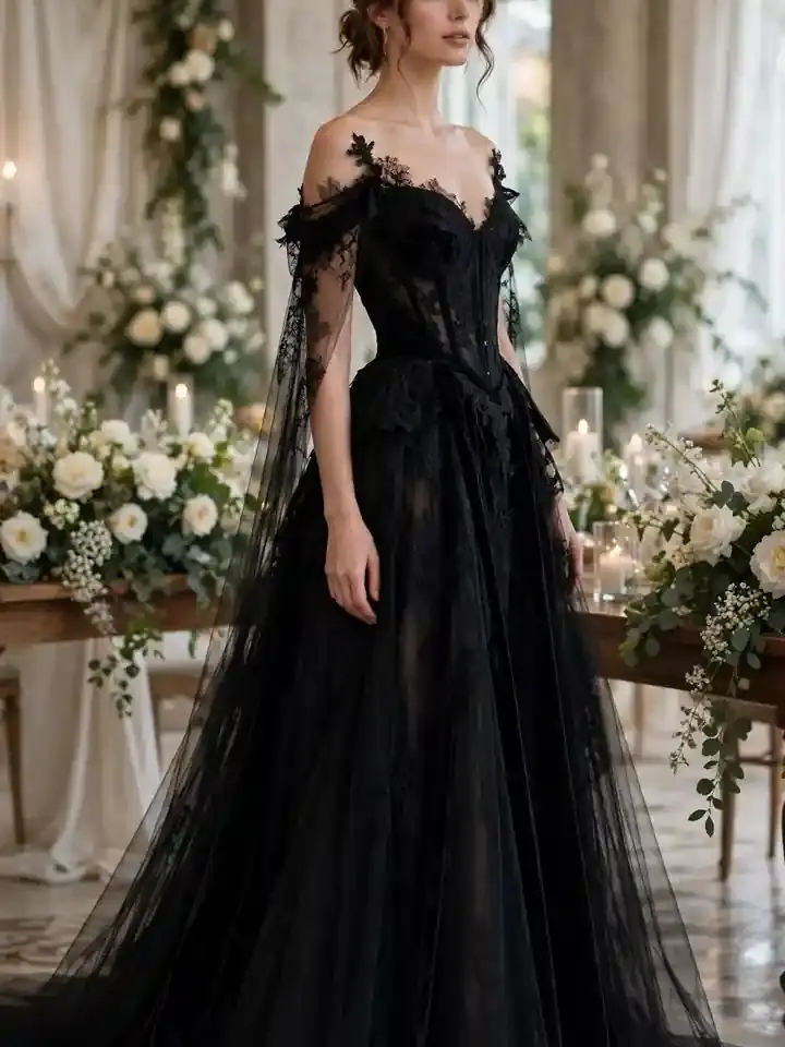 Black formal wedding guest dress — dramatic floor-length black gown