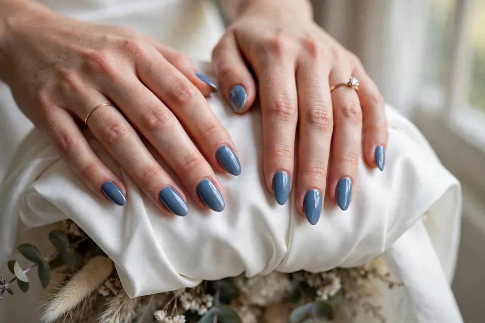 Elegant blue wedding nails in a dusty blue shade on a bride's hands