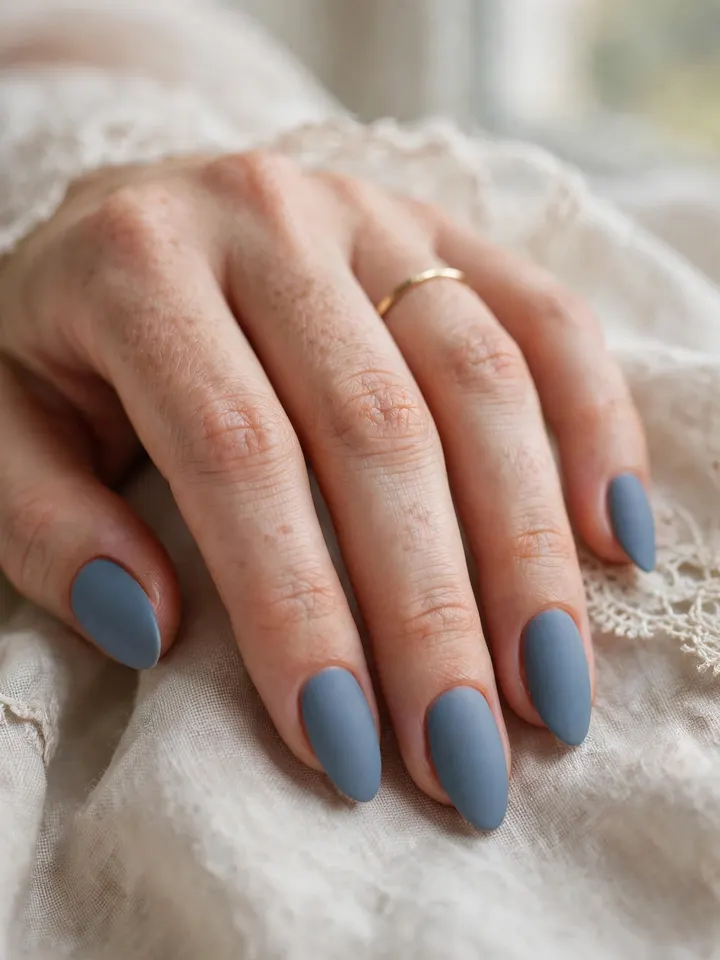 Dusty blue matte almond blue wedding nails