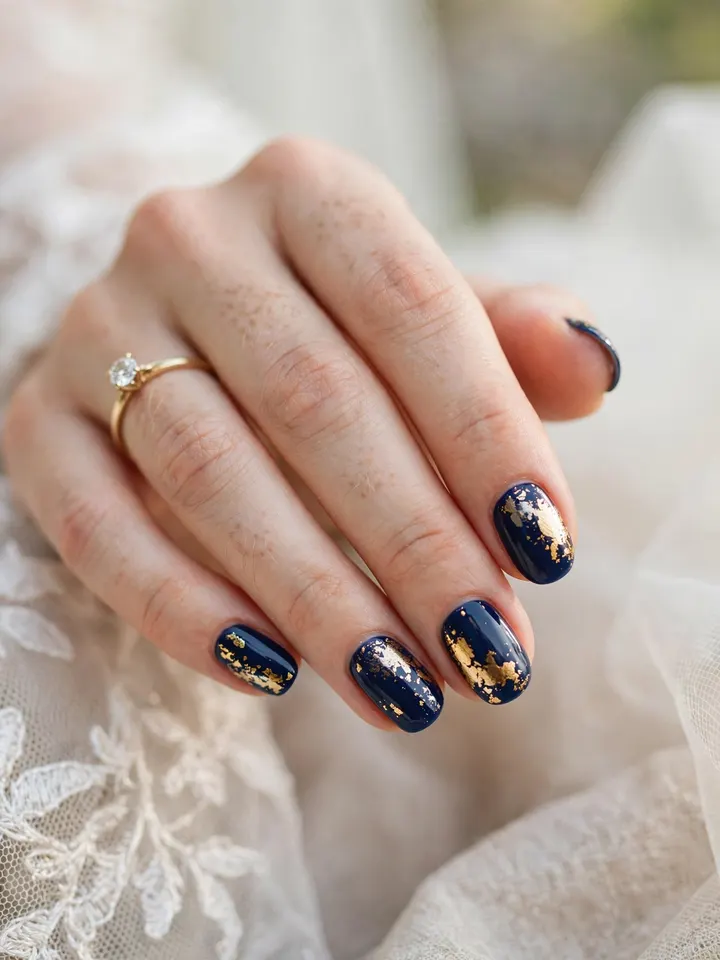 Navy blue wedding nails with gold foil accents