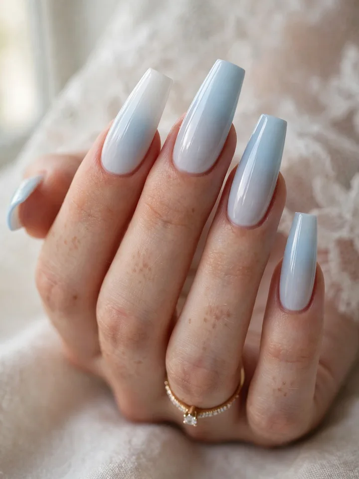 Baby blue ombre blue wedding nails on long coffin nails