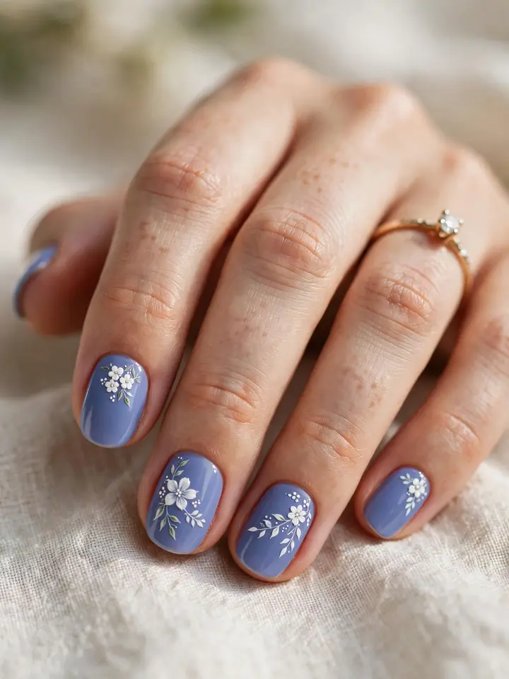 Periwinkle blue wedding nails with white floral nail art
