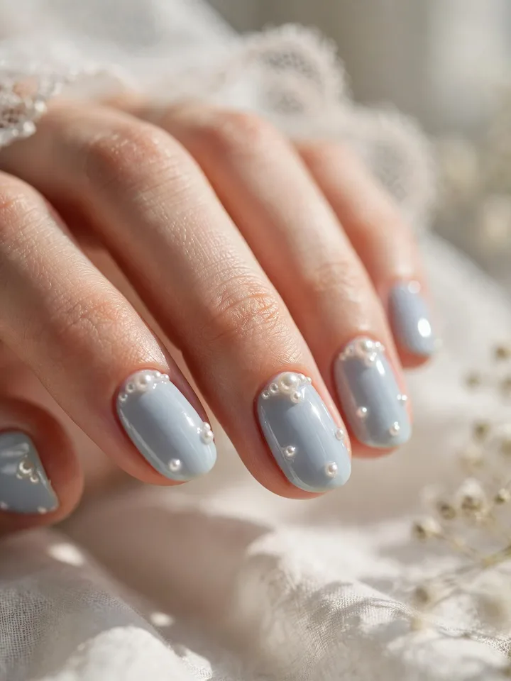 Pale blue wedding nails with tiny pearl accents