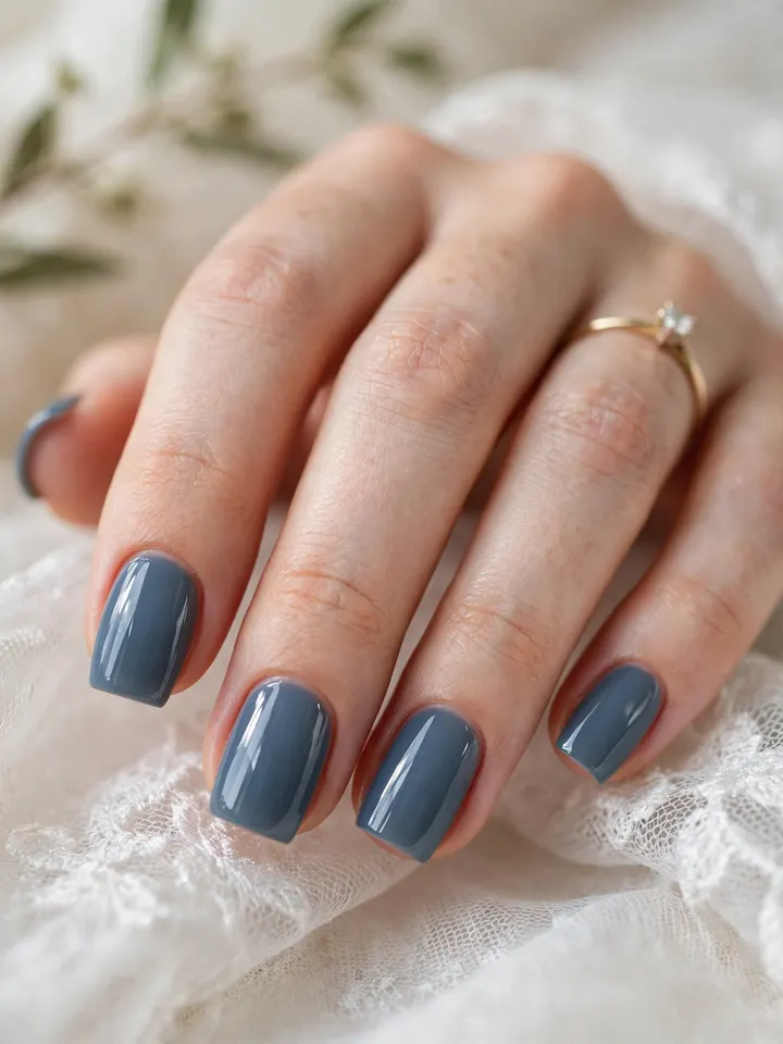 Slate blue glossy blue wedding nails on square nails