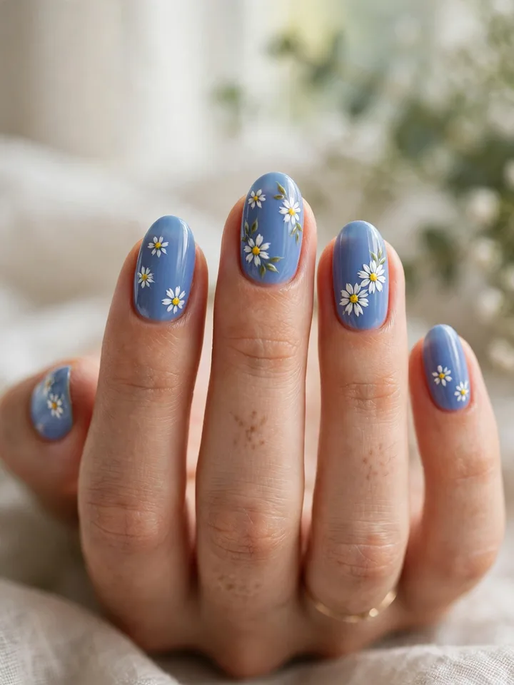 Cornflower blue wedding nails with white daisy nail art