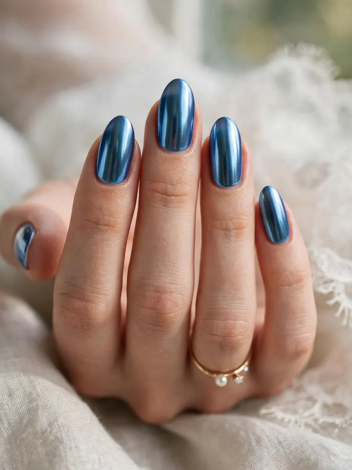 Blue chrome mirror blue wedding nails