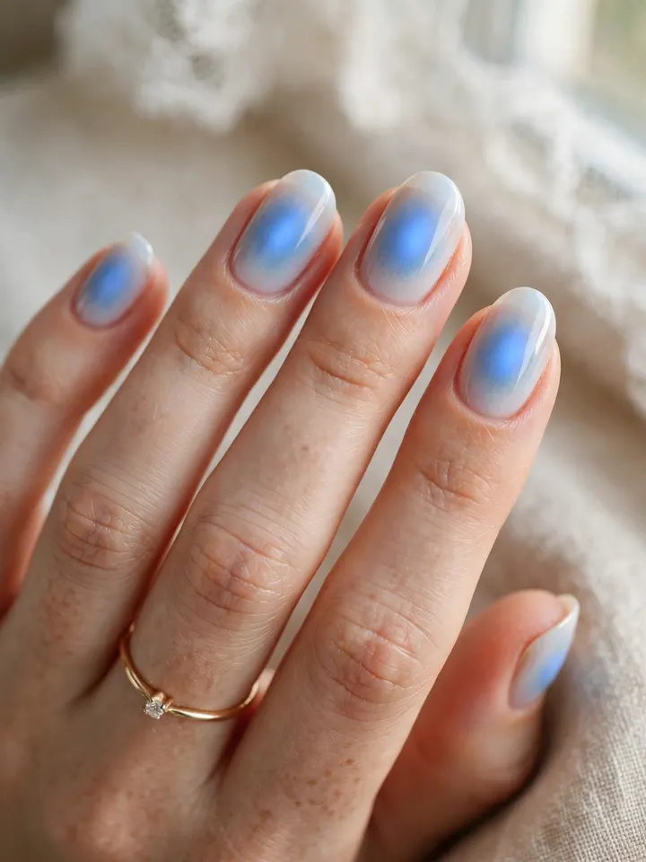 Blue aura airbrushed blue wedding nails