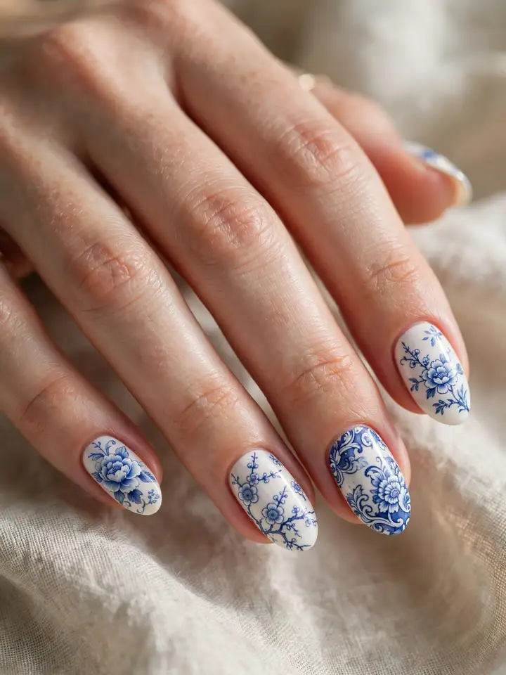White blue wedding nails with blue porcelain floral patterns