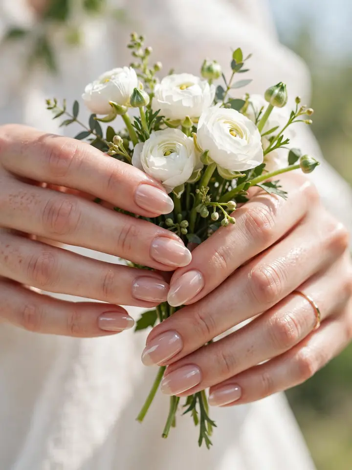 Classic nude almond bridesmaid nails, a timeless neutral wedding manicure