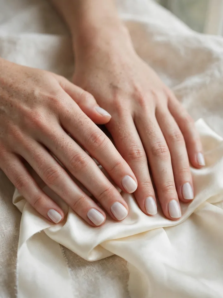 Milky white short squoval bridesmaid nails, a minimalist neutral wedding look