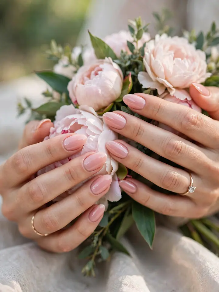 Glossy blush pink bridesmaid nails, a soft neutral manicure for weddings