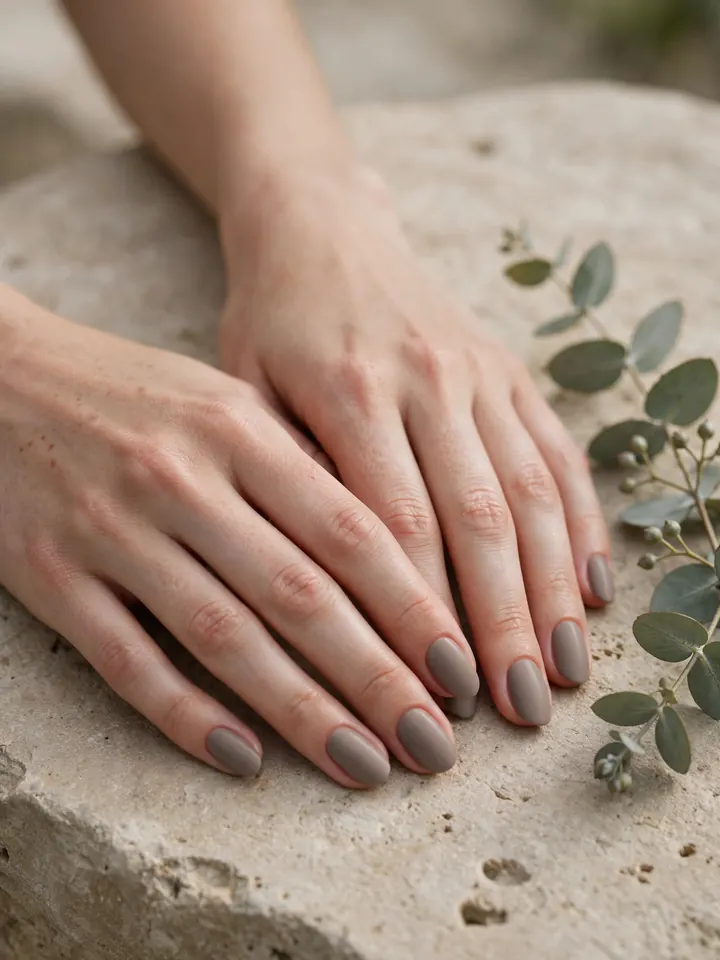 Matte taupe oval bridesmaid nails, a modern neutral wedding manicure