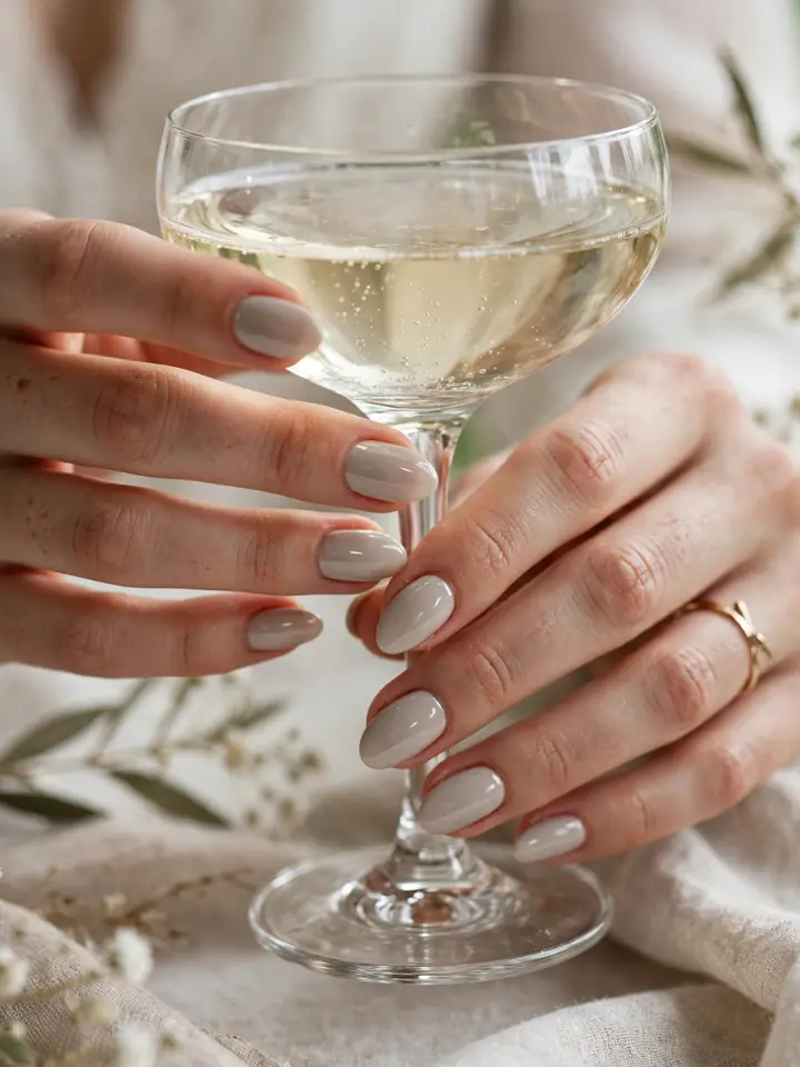 Greige almond bridesmaid nails, a chic neutral nail idea for weddings