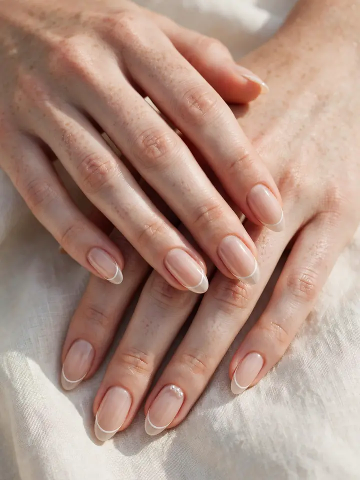 Micro-French tips on a nude base, an elegant neutral bridesmaid nail idea for weddings