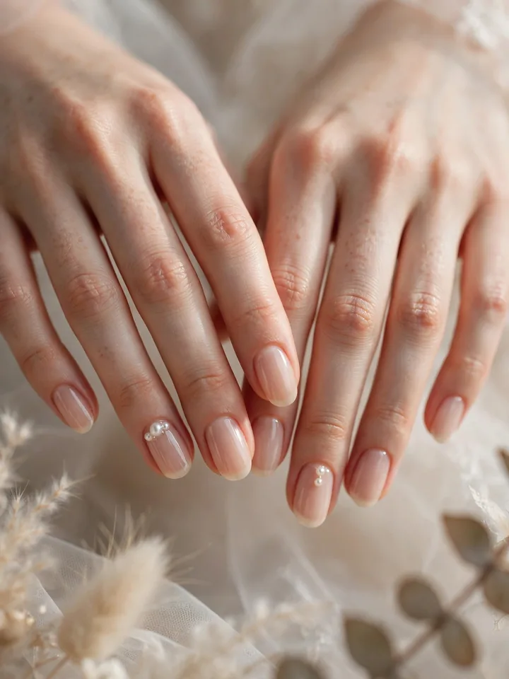 Pearl-embellished neutral bridesmaid nails for a wedding, sheer nude with tiny pearls