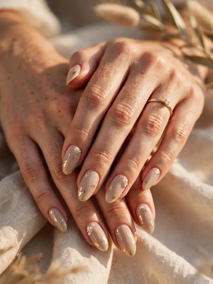 Gold foil flecks on nude bridesmaid nails, a luxe neutral wedding manicure