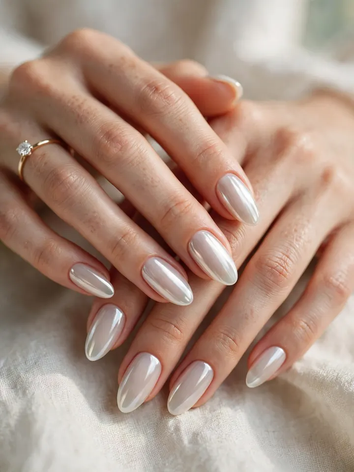 Glazed neutral chrome bridesmaid nails for weddings, pearly almond manicure