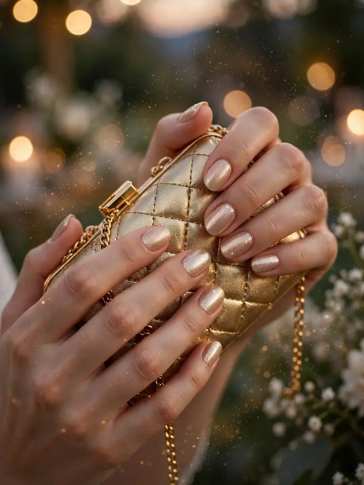 Champagne shimmer bridesmaid nails, a glamorous neutral wedding manicure