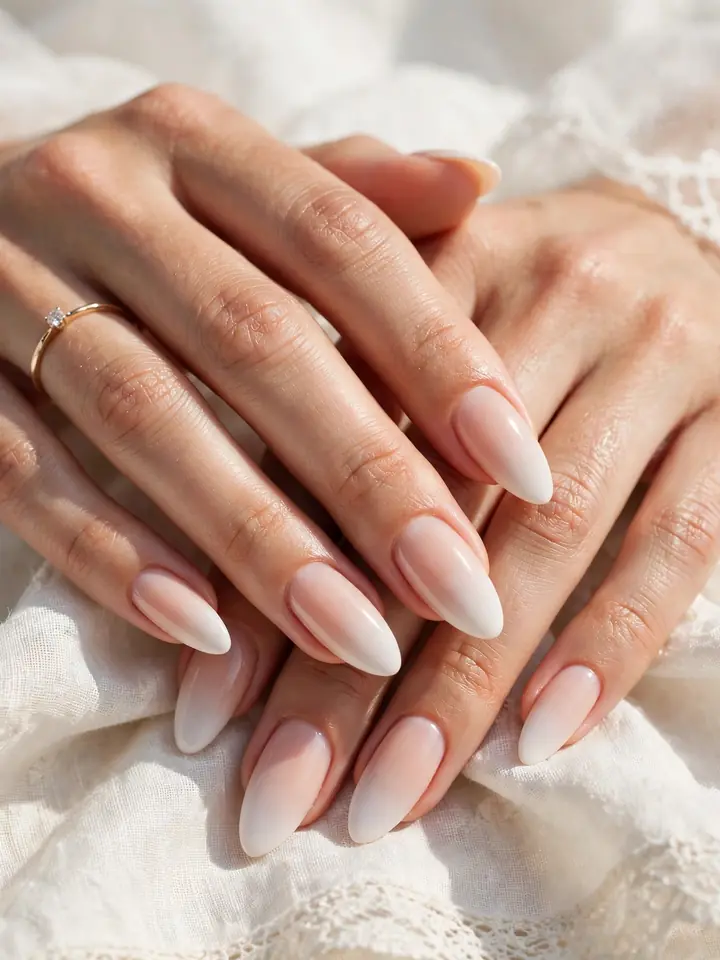 Baby boomer ombré neutral bridesmaid nails for weddings, nude-to-white fade