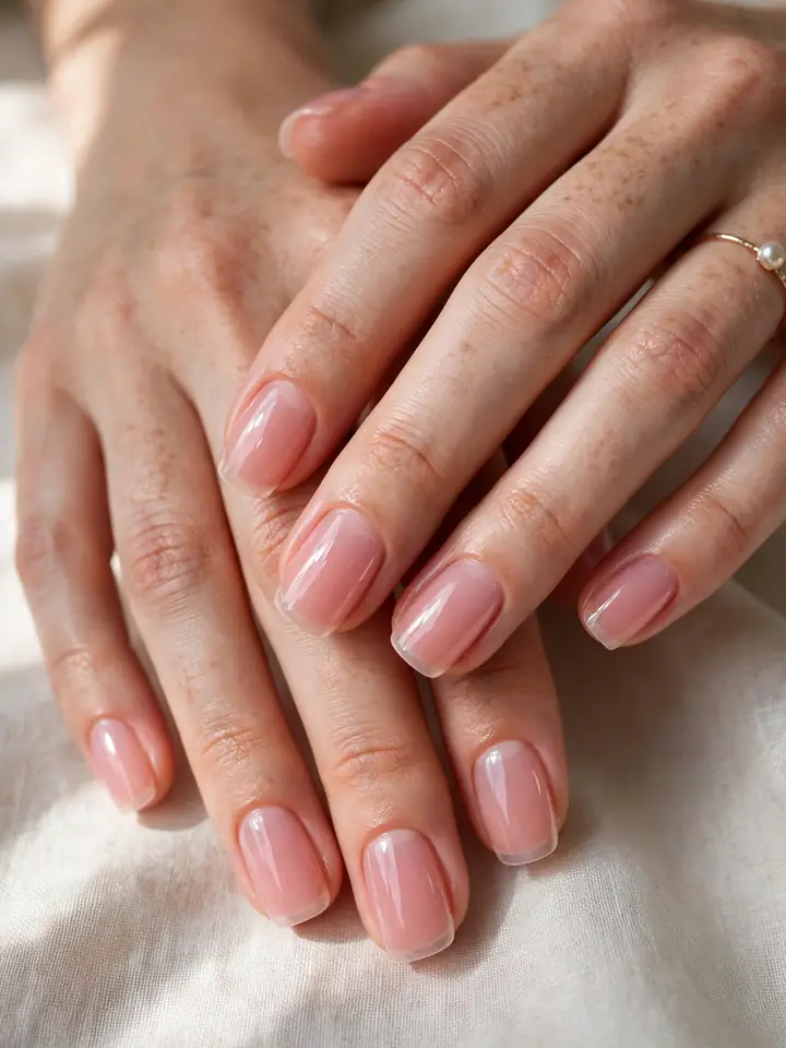 Sheer jelly blush bridesmaid nails, a fresh neutral wedding manicure