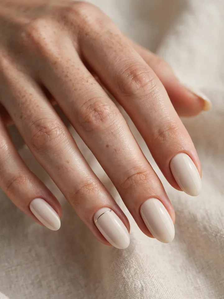 Minimalist gold line art on cream neutral bridesmaid nails for weddings