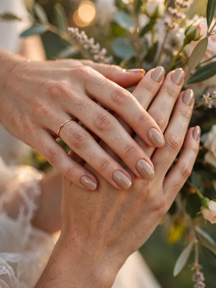 Warm sandstone beige bridesmaid nails, a neutral summer wedding manicure