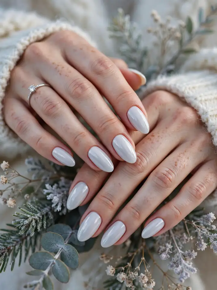 Cool porcelain white bridesmaid nails, a neutral winter wedding manicure