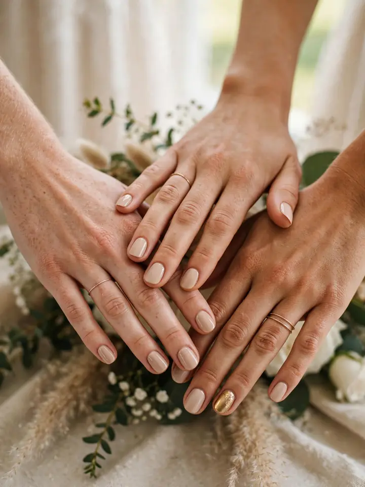 Coordinated neutral bridesmaid nails for the wedding party, matching nude set with gold accent