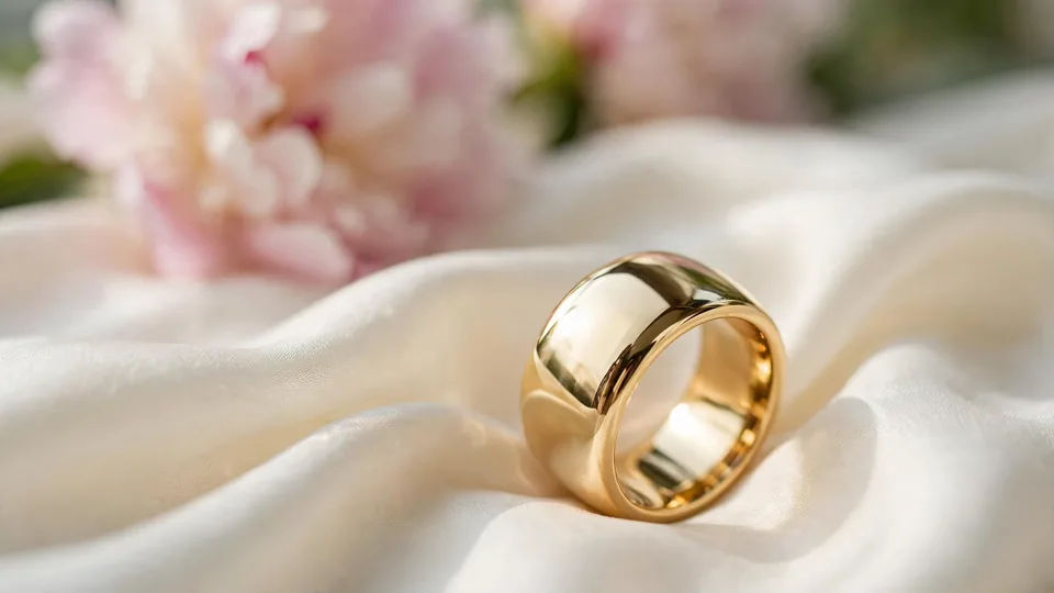 Chunky wedding rings: wide high-polish yellow-gold wedding band styled for a bridal editorial