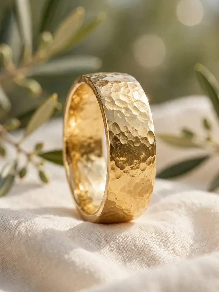 Chunky wedding rings: wide hammered-texture gold wedding band
