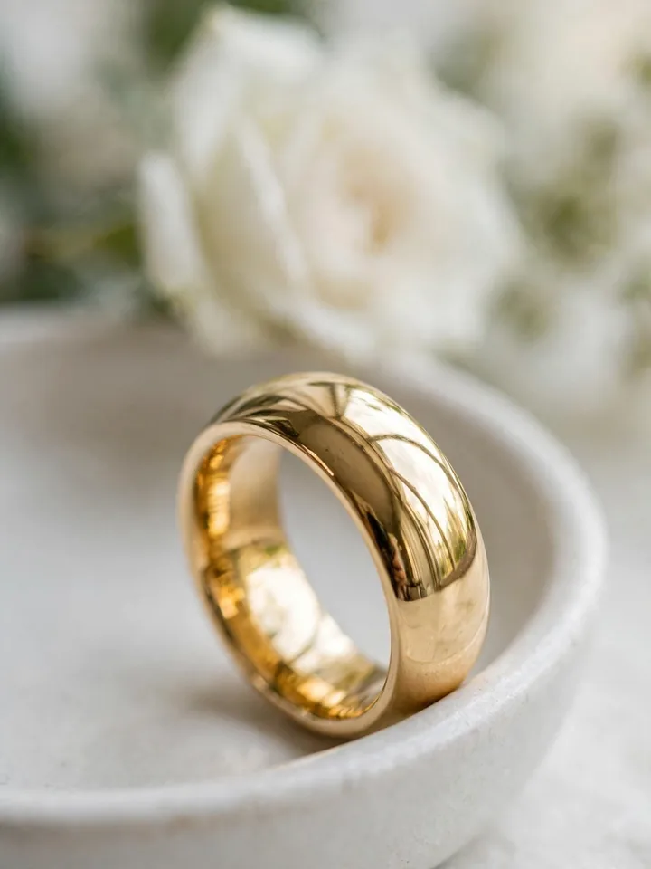 Chunky wedding rings: wide high-polish dome gold wedding band
