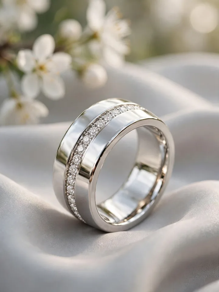 Chunky wedding rings: wide white-gold band with channel-set diamonds