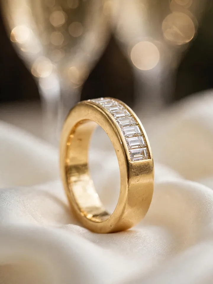 Chunky wedding rings: wide gold band with baguette-cut diamonds