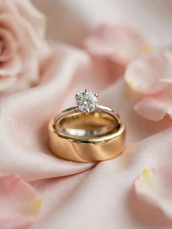 Chunky wedding rings: thick gold band stacked with a solitaire diamond engagement ring