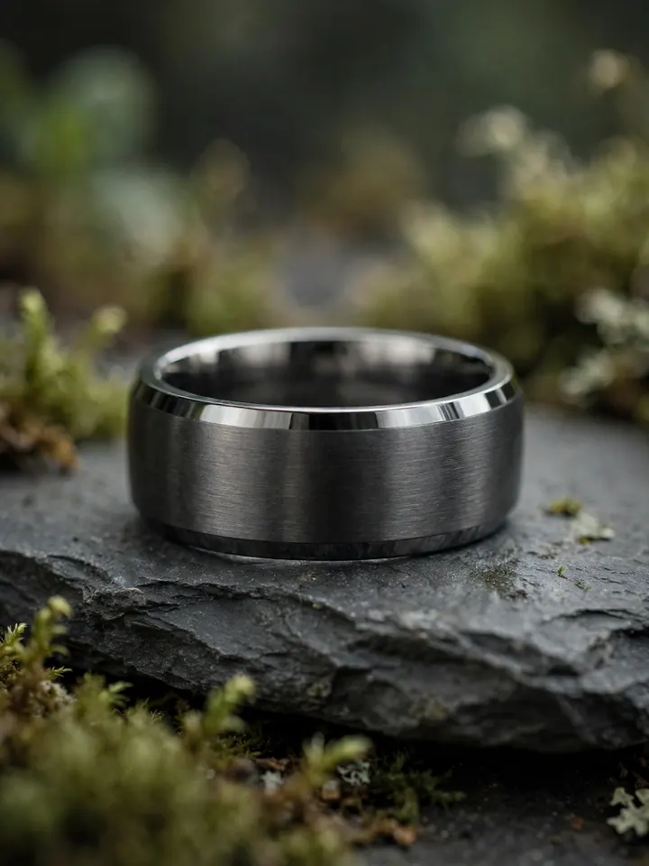 Chunky wedding rings: wide masculine tungsten wedding band with bevelled edge