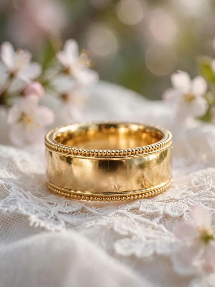 Chunky wedding rings: wide gold wedding band with milgrain beaded edge