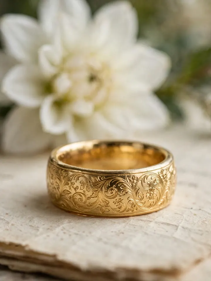 Chunky wedding rings: wide hand-engraved floral gold wedding band